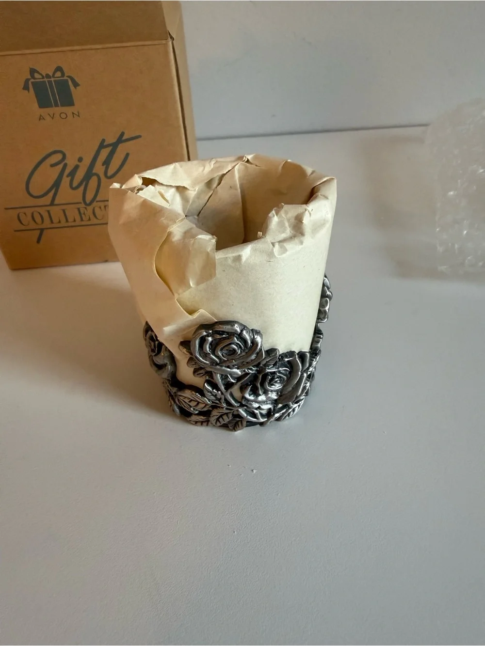 2001 Avon Victorian Candle Holder Pewter Rose Votive Tealight with Original Box